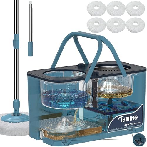 RinseWise Mop Bucket Set with 12 Microfiber Heads, Blue/Gray & White/Blue, Spin Mop, 61-Inch Telescopic Stainless Steel Handle, Multi-Surface Compatible, Hands-Free Wringing