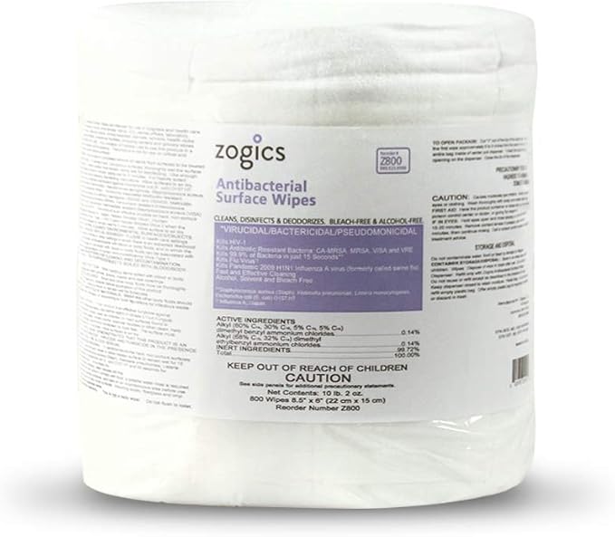 Zogics Antibacterial Wipes, EPA Registered Surface and Gym Equipment Disinfecting Wipes (800 Wipes) + Reusable Wipe Bucket Dispenser