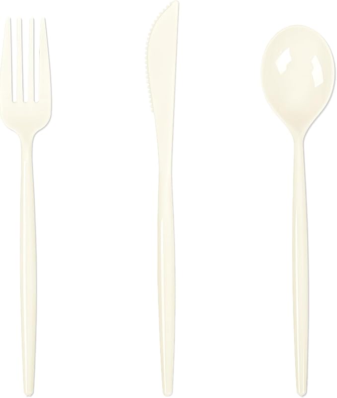 Supernal 180pcs Plastic Silverware Heavy Duty Ivory Plastic Utensils Cutlery Disposable Beige Party Silverware Include 60 Forks,60 Knvies,60 Spoons Disposable Cutlery for Party,Wedding,New Year