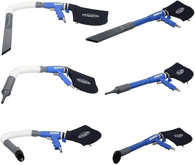SAKAI Air Powered 2 in 1 Function Air Vacuum Kit - Blow Gun & Suction Vacuum Pneumatic Cleaner with 3 Type Tubes and Rotatable Brush