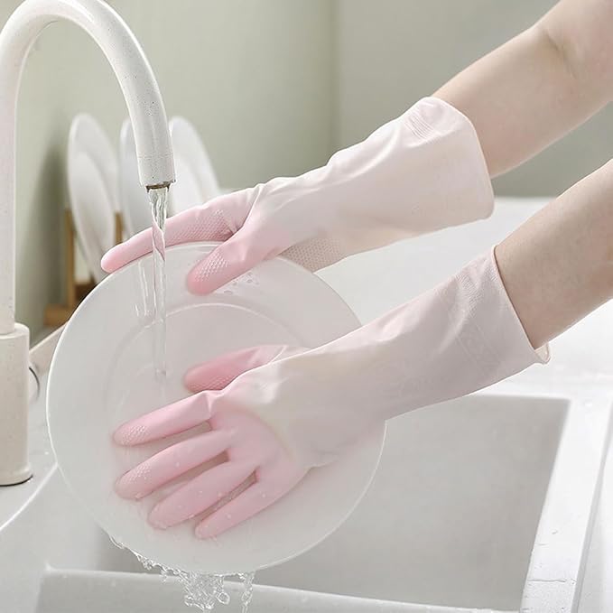 Kitchen Cleaning kit, 3 Pairs Reusable Waterproof Household Dishwashing Cleaning Gloves, 6 PCS Steel Wool Scrubbers with Handle, 5 PCS Crevice Cleaning Brush Set.