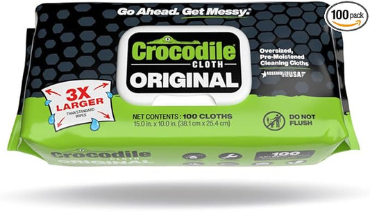 Crocodile Cloth Original Cleaning Wipes, Heavy-Duty Multi-Surface Hand & Tool Wipes, Water-Based, Safe on Skin, 100 Count, 15 x 10 Inch