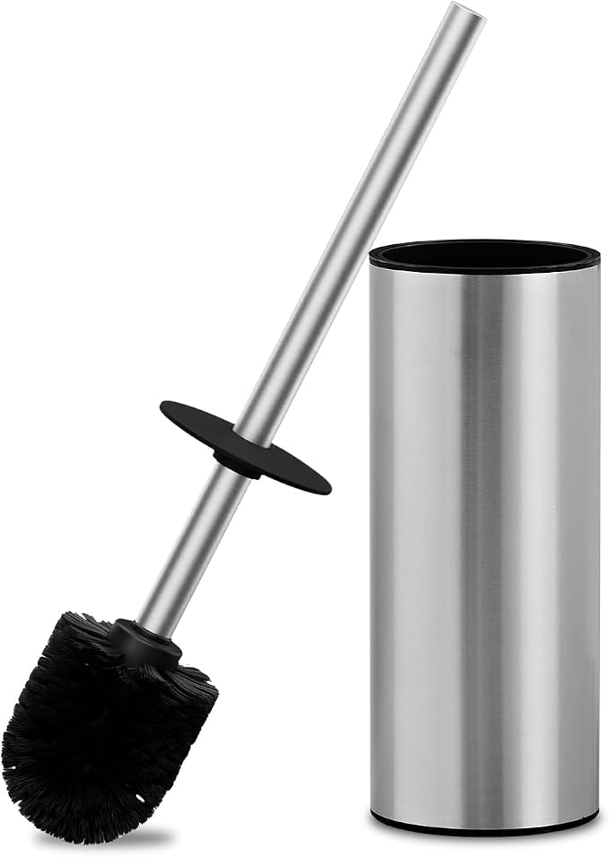 304 Stainless Steel Toilet Brush and Brush Holder Set, Circular Floor Toilet Brush Holder, Long Handle, Bathroom Heavy-Duty Cleaner, High-End Cylinder Wall, 2 Brush Head (Brushed) YIGUANXIN