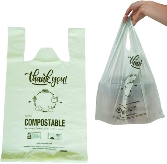 (Medium Size) OrangeBio Certified Home Compostable Shopping Bags, 500 Ct, 10" x 6" x 20", Medium, Hold 20 lbs, Thank You, Grocery, Take Out, T Shirt, To-go bags for Retail, Restaurant