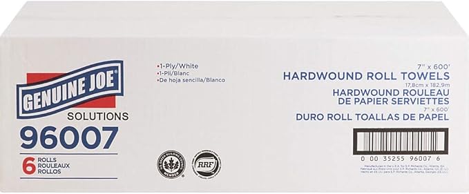 Genuine Joe Hardwound Roll Towels, White, 7" x 600', 6 Count