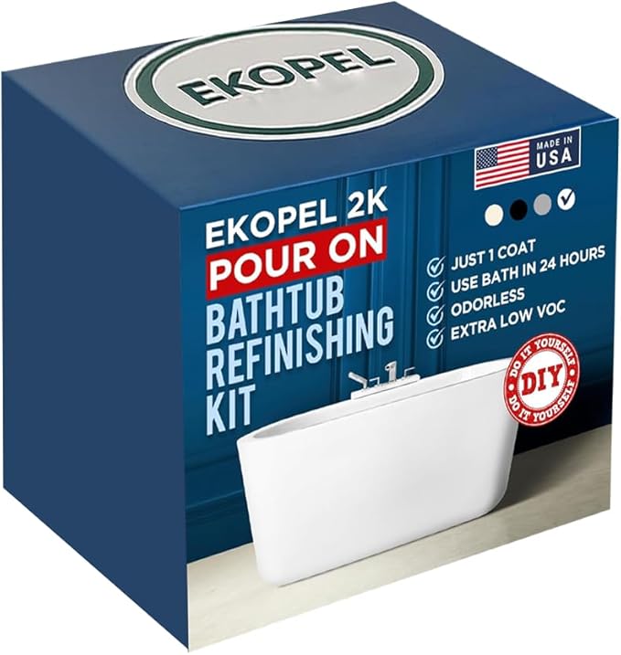 Ekopel 2K Bathtub Refinishing Kit - Pour On Bathtub Paint White Gloss Finish Kit, 1 Coat Odorless Sink and Bath Tub Paint – Long Lasting Never Peel DIY Glaze for Tub, Made in USA – Bright Gloss White