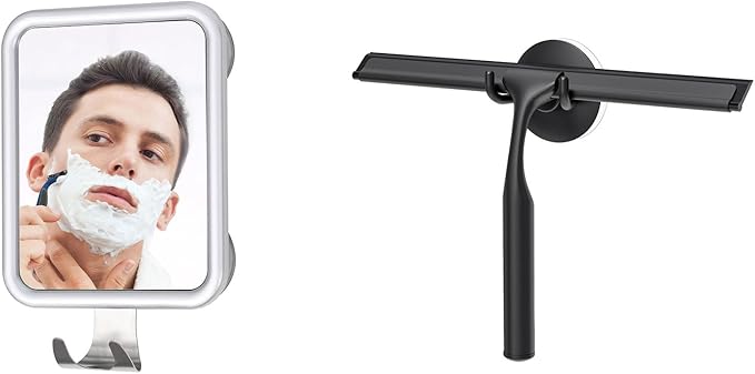Ettori Fogless Square Shower Mirror and Black Stainless Steel Squeegee Combo – Great for Modern Bathrooms