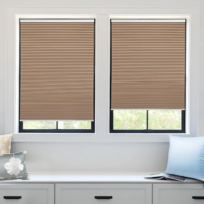 MYshade Custom Size Cellular Blinds for Indoor Windows Cordless Blackout Honeycomb Shades, No Tools, No Drill, Thermal Insulated, Noise Reduction, Room Darkening Window Blinds for Home, Light Brown