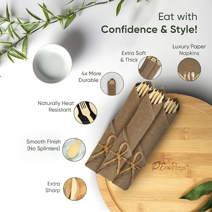 EcoPreps Premium Pre Rolled Brown Paper Napkin and Bamboo Cutlery Set (50 Pack, 200 PCS) 100% Biodegradable, Disposable Wrapped Disposable Silverware Cutlery - Pre-Wrapped Bamboo Forks, Knives, Spoons