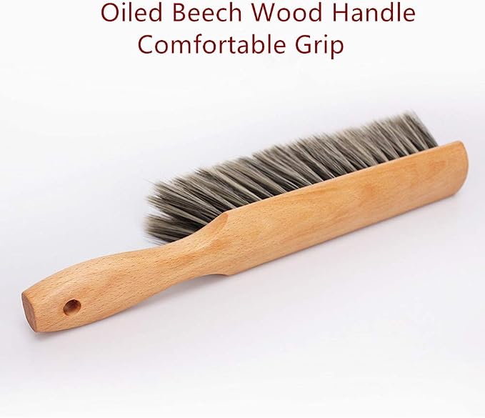Soft Bristle Hand Brush Wood Handle for Bench Counter Shop 14" Gray | Foxtail dust brush for upholstery furniture cushion sofa bed and beach sand, Natural handheld broom for dustpan, Non-scratch