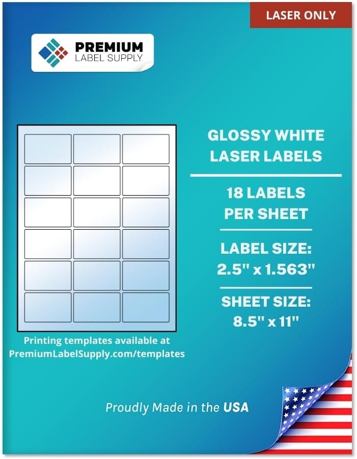 Premium Label Supply Glossy White Sticker Labels – 2.5" x 1.563" – (18 per Sheet) (Glossy White for Laser Only, 450 Labels)