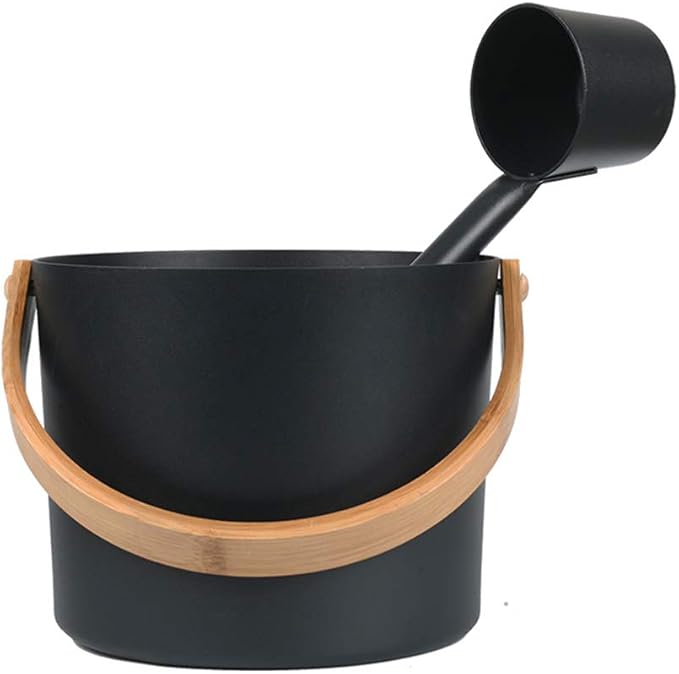 Sauna Bucket and Ladle Set, 1.85 Gallons (7L) Large Aluminum Sauna Bucket with Long Wooden Handle Spoon, SPA Shower Accessories, Saunas Accessories Set for Home Saunas (Color:Black)
