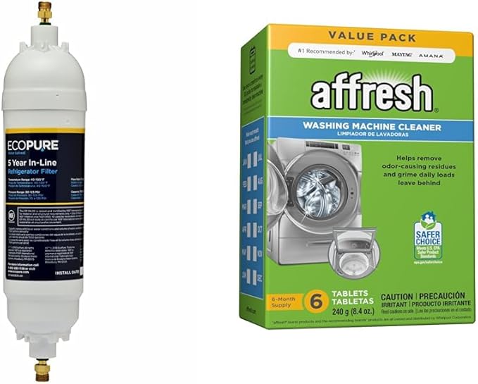 EcoPure EPINL30 5 Year in-Line Refrigerator Filter-Universal Includes Both 1/4" Compression and Push to Connect Fittings, White & Affresh Washing Machine Cleaner, 6 Month Supply