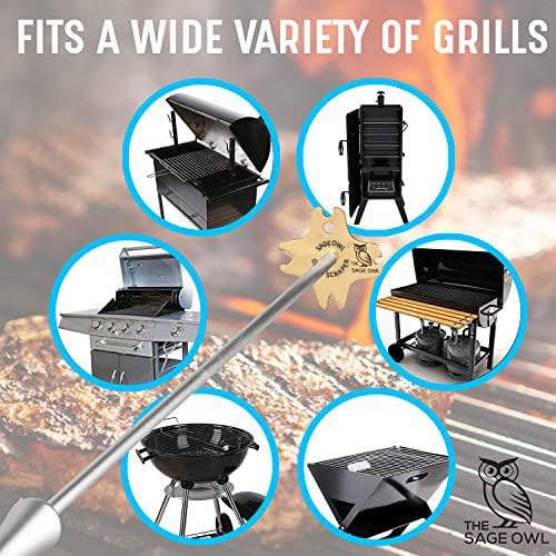 Sage Owl Bristle-Free Brass BBQ Grill Scraper with 17.5’’ Handle - Extra Portable Grill Cleaner Tool Barbecue Grilling Accessories Combo Pack - Gift Ideas for Men