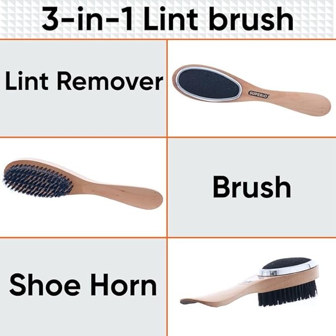 Superio Lint Brush for Clothes,12-Pack,3 in 1 Garment Brush - Double Sided Wood Handle,Clothes Brush,Lint Brush for Suit,Wool Coat,Removes Pet Lint and Dust and Shoe Horn