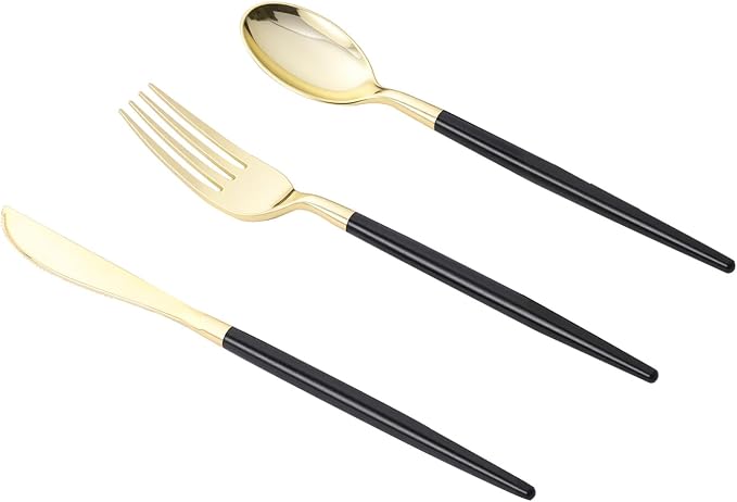 Goodluck 300PCS Black Gold Plastic Silverware Set for 100 Guests, 100 Knives, 100 Forks and 100 Spoons, Food-grade material free of BPA, Gold Plastic Cutlery Ideal for Weddings, Birthdays, Graduation