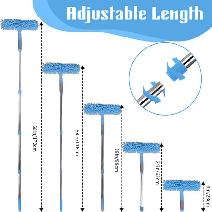 Window Squeegee Cleaner Kit - 2-in-1 Rotatable Window Cleaning Tool with Extension Pole, Professional Streak-Free Squeegee with Bendable Head for Indoor/Outdoor Windows & Car Glass (Blue, 38.45FT)