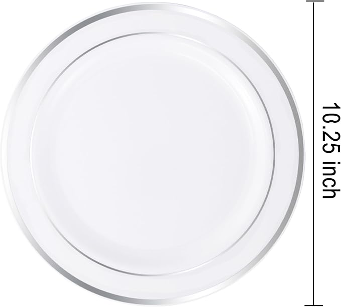 bUCLA 30PCS Silver Plastic Dinner Plates - Premium Heavy Duty 10.25inch Silver Disposable Party Plates, White and Silver Plastic Plates for Wedding & Christmas