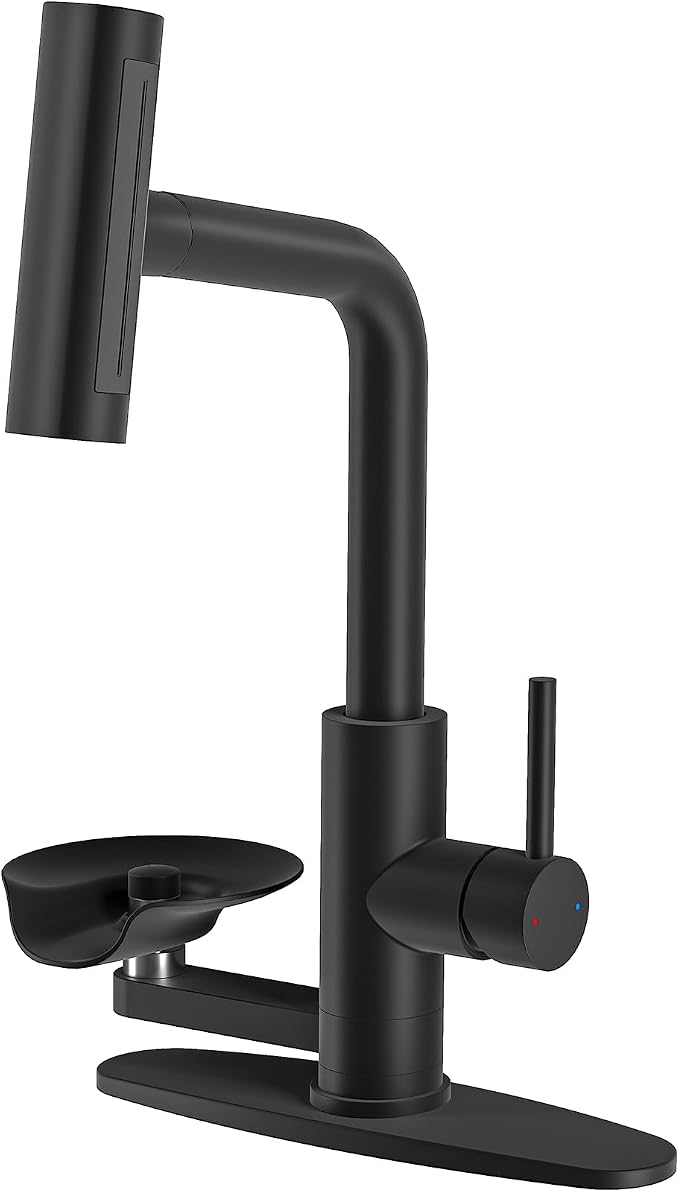 HOWUWEY Kitchen Faucet with Pull Down Sprayer & Cup Washer, Glass Rinser Faucet for Kitchen Sink, Single Handle Waterfall 1 or 3 Hole Tap for Bar Sink Farmhouse Camper Laundry Rv (Black)
