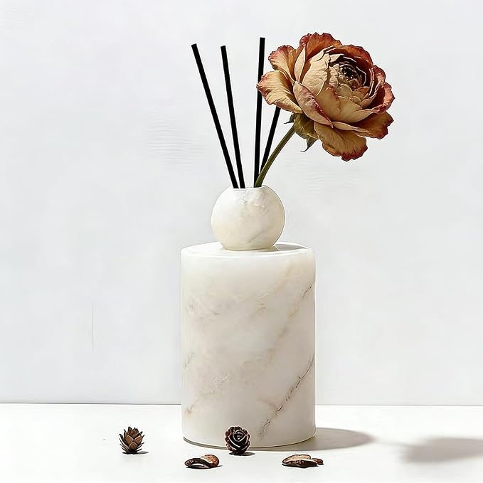 Marble Essential Oil Diffuser Bottle Empty Aromatherapy Reed Diffuser Fragrance Home Decor Bathroom Living Room Spas Gift Set Stone Roma Diffuser Jar (White, Cylindrical, 50, Milliliters)