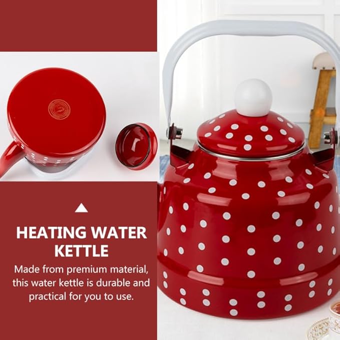 DOITOOL Vintage Tea Kettle 1.1 L Enamel Tea Kettle with Handle, Stove Top Water Kettle Coffee Tea and White Polka Dot with Stainless Steel Filter for Home Kitchen