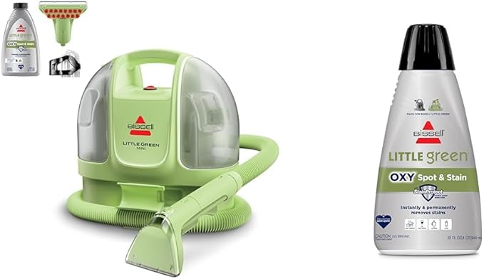 BISSELL Little Green Mini Portable Carpet and Upholstery Deep Cleaner, Car/Auto Detailer, 4075 + Bissell Little Green Spot & Stain Cleaning Solution with OXY and StainProtect, 2038G, 32oz