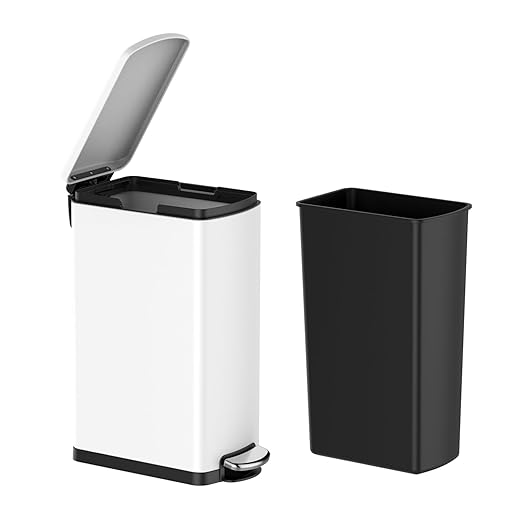 GarveeHome 8 gal Slim Rectangular Stainless Steel Trash Can with Soft Close Lid and Removable Bucket for Kitchen, Bathroom, Office, White