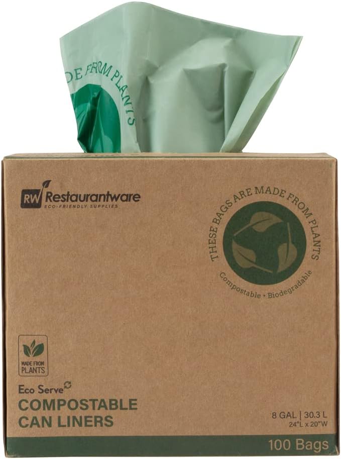Restaurantware-RW Eco 8 Gallon Biodegradable Garbage Bags, 100 Compostable Trash Bags - Star Seal Bottom, Won't Tear Or Leak, Green Plastic Trash Can Liners, BPI-Certified, For Office And Homes