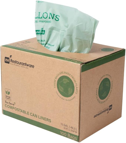 Restaurantware-RW Eco 13 Gallon Biodegradable Garbage Bags, 100 Compostable Trash Bags - Star Seal Bottom, Won't Tear Or Leak, Green Plastic Trash Can Liners, BPI-Certified, For Office And Homes