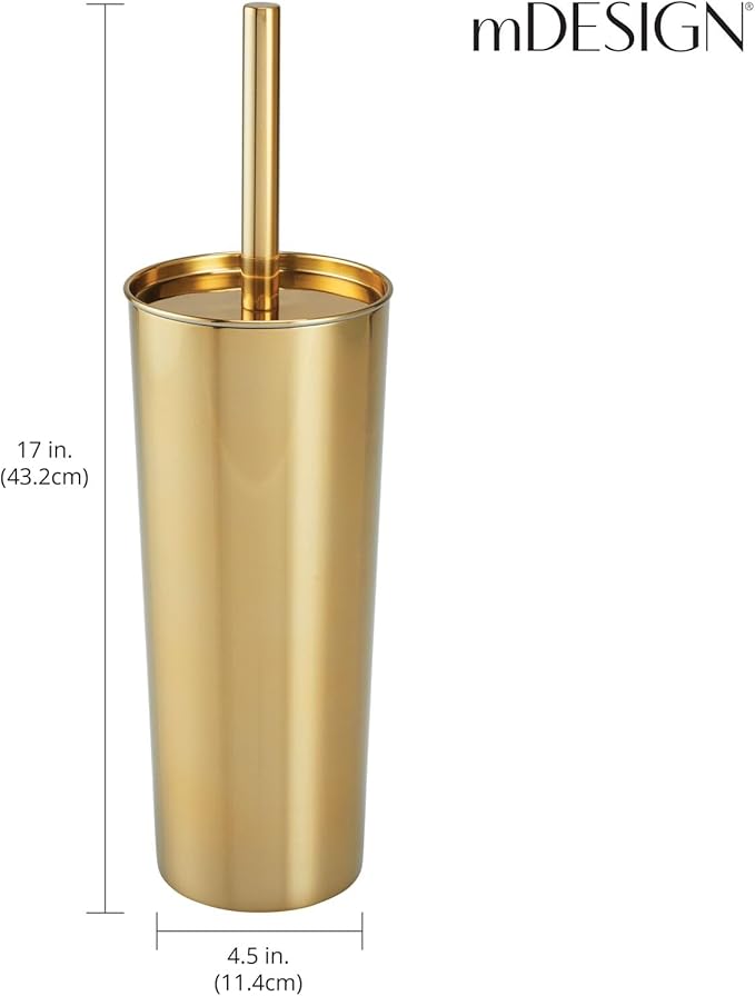 mDesign Stainless Steel Toilet Bowl Brush and Holder Set, Modern Metal Compact Storage Organizer Cleaner Scrubber for Toilet - Heavy Duty Cleaning Plunger for Bathroom, Mirri Collection, Soft Brass