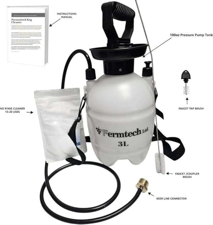 Beer Line Standard Beer Draft Keg Cleaning kit with 4oz Beer Line Powder Cleaner PBW compatible- Hand Pump Pressurized - Easy Safe to Use Keg Cleaner - w/Brush, Faucet Brush, Instruction Manual