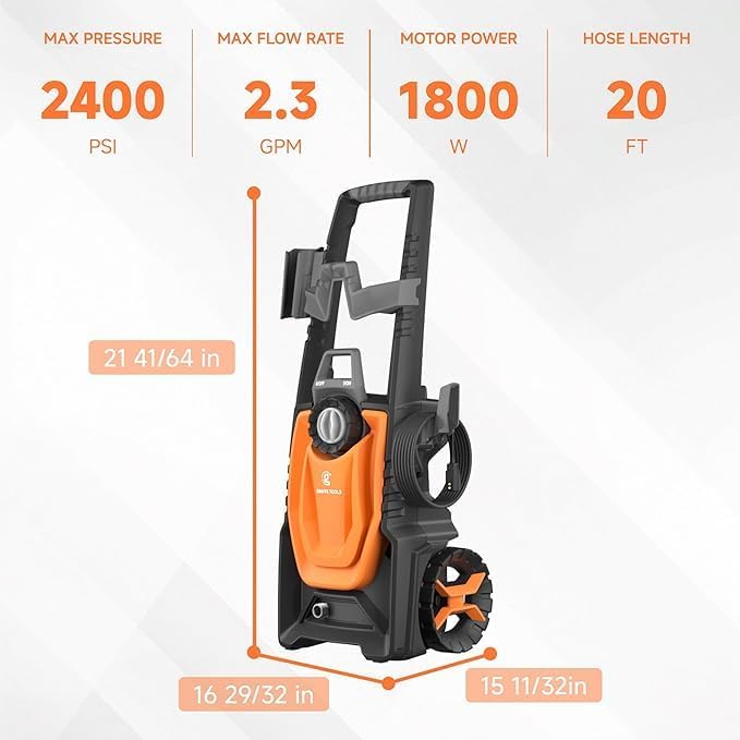 Giraffe Tools Pressure Washer, Max 2400 PSI, 2.3 GPM Electric Power Washer with 4 Quick-Connect Nozzles, Foam Cannon for Cars/Patios/Driveways/Fences, 20 ft