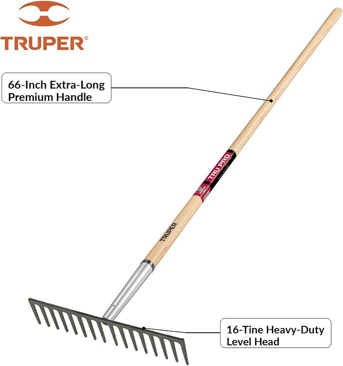 Truper TruPro 16-Tine Heavy-Duty Road Rake, 66-Inch Premium North American Ash Wood Long Handle, Professional Level Head Asphalt, Gravel, and Landscape Grading Tool (Model 33126 / R-16MXX)