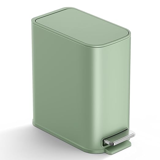 TIPGO Small Bathroom Trash Can with Lid Soft Close, Step Pedal, 1.3 Gallon / 5 Liter Stainless Steel Slim Garbage Can for Office, Diaper Waste Basket with Removable Inner Bucket (Green)