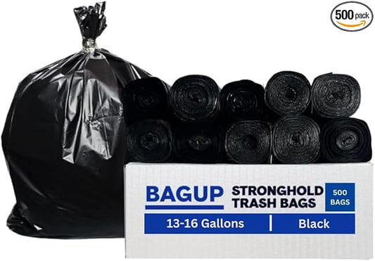 Bag Up 13 Gallon Everyday Use Trash Bags | 500 Count Bulk | Black | Garbage Bags | Bin Liners | for Domestic Use | Office Use | 13–16 Gallons | 24 x 33 Inches