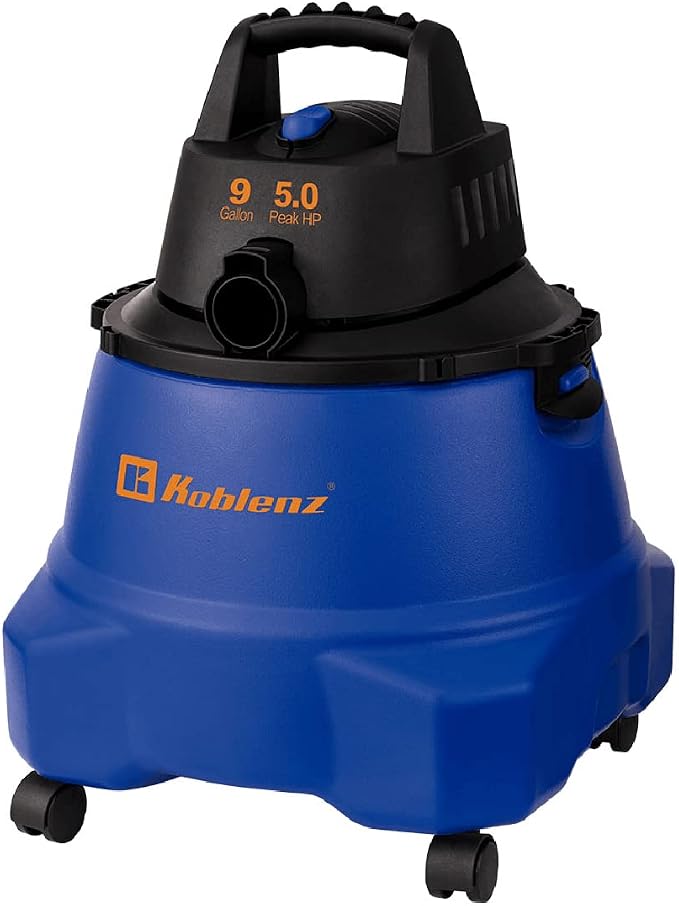 Koblenz WD-9 L212 Wet Dry Vacuum Cleaner, 9 Gallon, 5.0 PHP, 3-in-1 Suction & Blower, Big Vacuum Cleaners for Home, Heavy Duty Shop Vac, Click-N-Lock Hose, Swivel Casters, Black/Blues