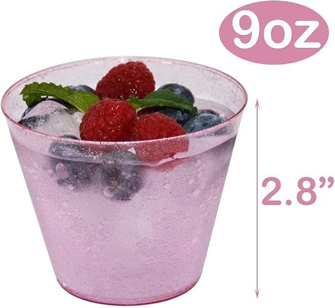 Homy Feel 9 Oz Pink Glitter Plastic Cups - 100PCS, Disposable Cocktail & Wine Cups for Wedding Party, Valentine's Day