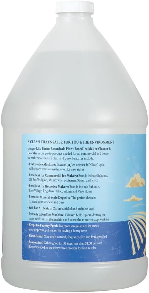 Ginger Lily Farms Botanicals Plant-Based Ice Maker Cleaner & Descaler for All Ice Machines, 32 Uses, Safe for All Metals, 1 Gallon (128 fl. oz.)