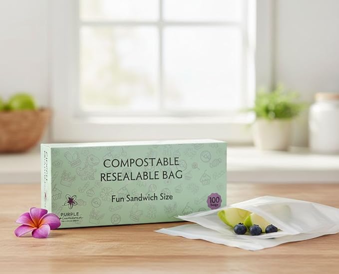 100% Compostable Resealable Food Storage Bags (100 Eco Zip) – Biobased, Leak-Proof, Durable, Freezer-Safe – Extra Strong & Durable (Fun Sandwich) | Biobased, Leak-Proof, Durable, Freezer-Safe, Extra Strong