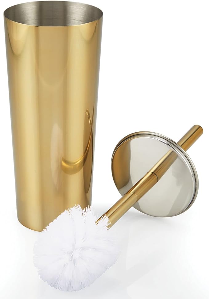 mDesign Stainless Steel Toilet Bowl Brush and Holder Set, Modern Metal Compact Storage Organizer Cleaner Scrubber for Toilet - Heavy Duty Cleaning Plunger for Bathroom, Mirri Collection, Soft Brass