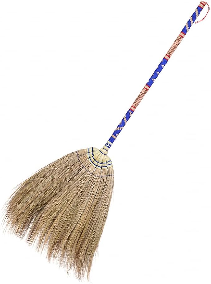 Natural Grass Thai Broom Vintage Retro Embroidered Woven Nylon, Handmade Broom, Housewarming Gift, Witch Broom, Broomstick Bamboo Stick Handle, Kong Grass Broom, Durable Broom for Indoor & Outdoor