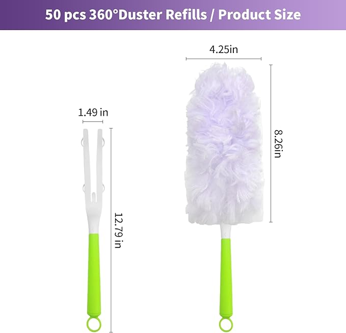 50 Count 360° Multi-Surface Feather Duster Refills, Compatible with Swiffer Dusters, Thickened Heavy-Duty Material Disposable Dusters Kit Includes 2 Handle for Efficient Cleaning