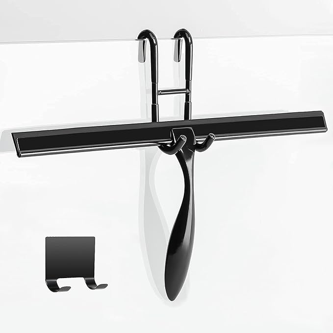 Simtive 14-Inch Shower Squeegee (Includes 1 Shower Door Hook and 1 Adhesive Hook), Shower Door Hooks (2-Pack), Both Black, 2 Item Bundle