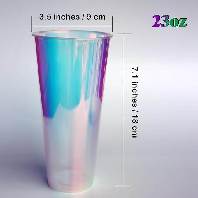 18 Pcs Iridescent Clear Plastic Cups 23oz Fancy Thick Neon Disposable Drinking Cups Cute Glitter Holographic Hard Plastic Cup for Party Decoration (Clear)