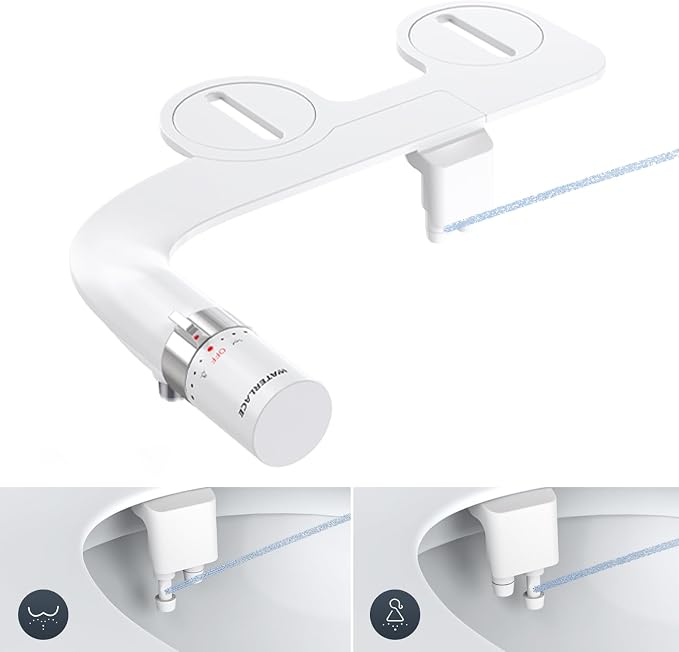 WATERLACE Bidet Attachment for Toilet Seat Sprayer - Non Electric Dual Nozzle with Cold Water - Self Cleaning Toilets Bathroom Spray for Butt Wash - Easy Slim Adjustable Pressure Control Rv Bidets