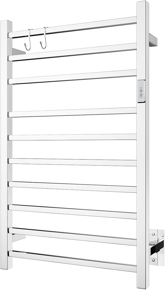 Wall Mounted Towel Warmer Square 10 Bars with Plug-in and Hardwired Options 3 Working Modes Mirror Polished Stainless Steel 21" W 34" H
