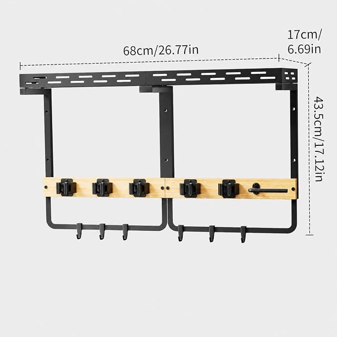 Broom Holder Wall Mount With Built-In Guardrail Shelf, Cleaning Supplies Organizer With 5 Mop Grippers, 6 Hooks And Vacuum Holder For Laundry Room Garage Pantry Kitchen