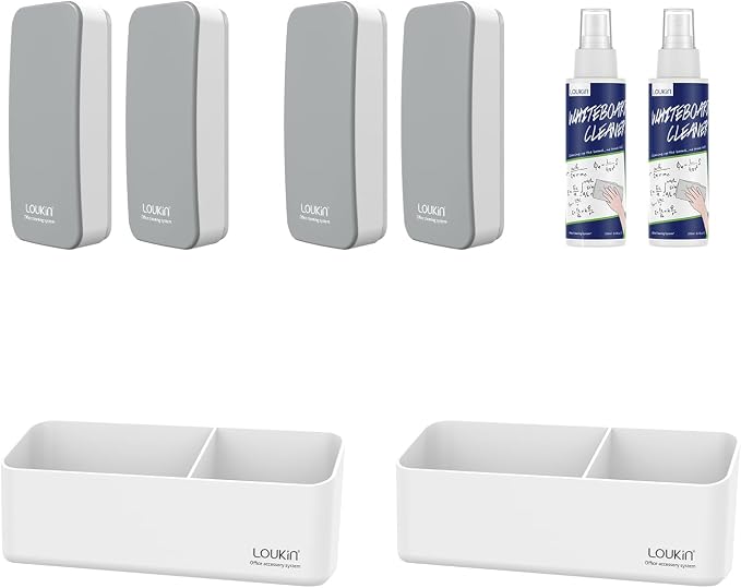 LOUKIN Whiteboard Accessories Bundle | Magnetic Dry Erase Eraser (Gray) 4 Pack & Non-Toxic Whiteboard Cleaner (3.4 fl oz) 2 Pack & Magnetic and Adhesive Marker Holder (White) 2 Pack