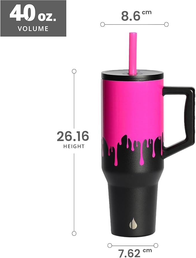 Elemental 40 oz Tumbler with Handle and Straw - Spill Proof Insulated Stainless Steel Commuter for Cold Beverages - Travel Coffee Mug with 2 Straws & Spill Proof Lid - 40oz - Hot Pink Drip