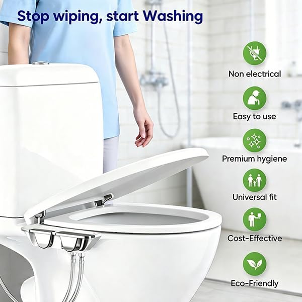 ULTRA-SLIM BIDET ATTACHMENT FOR TOILET WITH SOLID BRASS INLETS, DUAL TEMPERATURE HOT AND COLD WATER BIDET, NON-ELECTRIC TOILET BIDET WITH FEMININE & POSTERIOR WASH, NOZZLE SELF-CLEANING, 0.2"